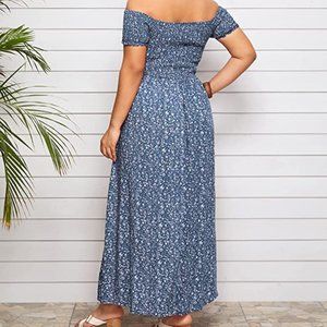Boho Floral Print Off Shoulder Split Long A Line Dress